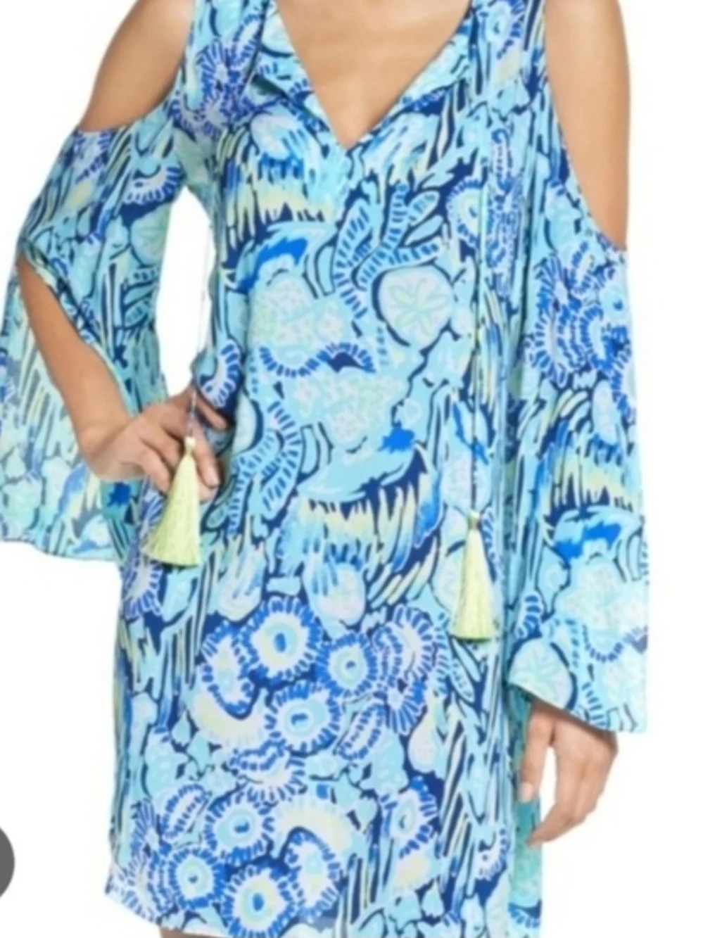 Lilly Pulitzer Blue and Lime Floral Cold-Shoulder Top